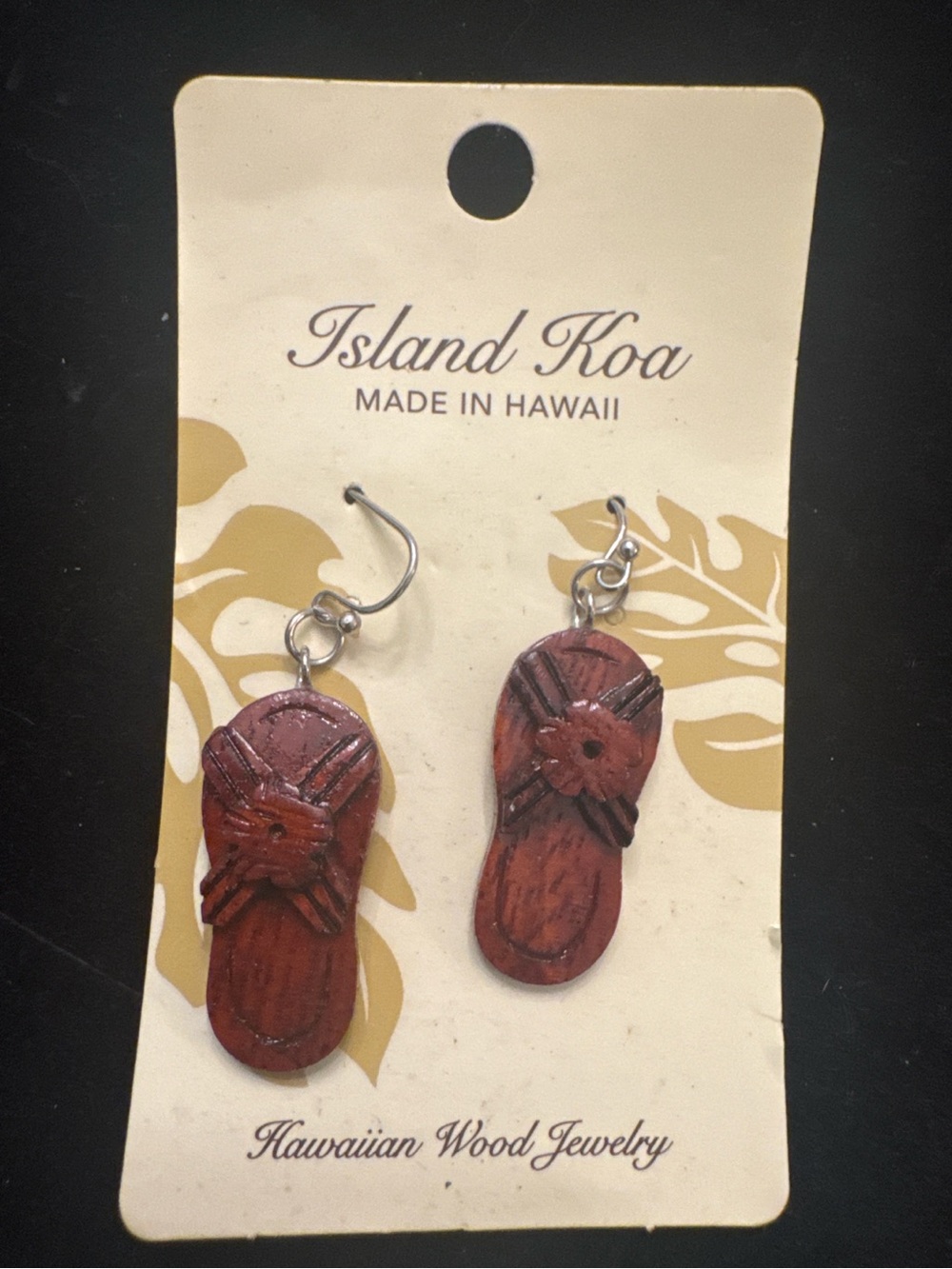 Island Koa Hawaiian Wood Flip Flop Dangle Earrings Flower Made in Hawaii